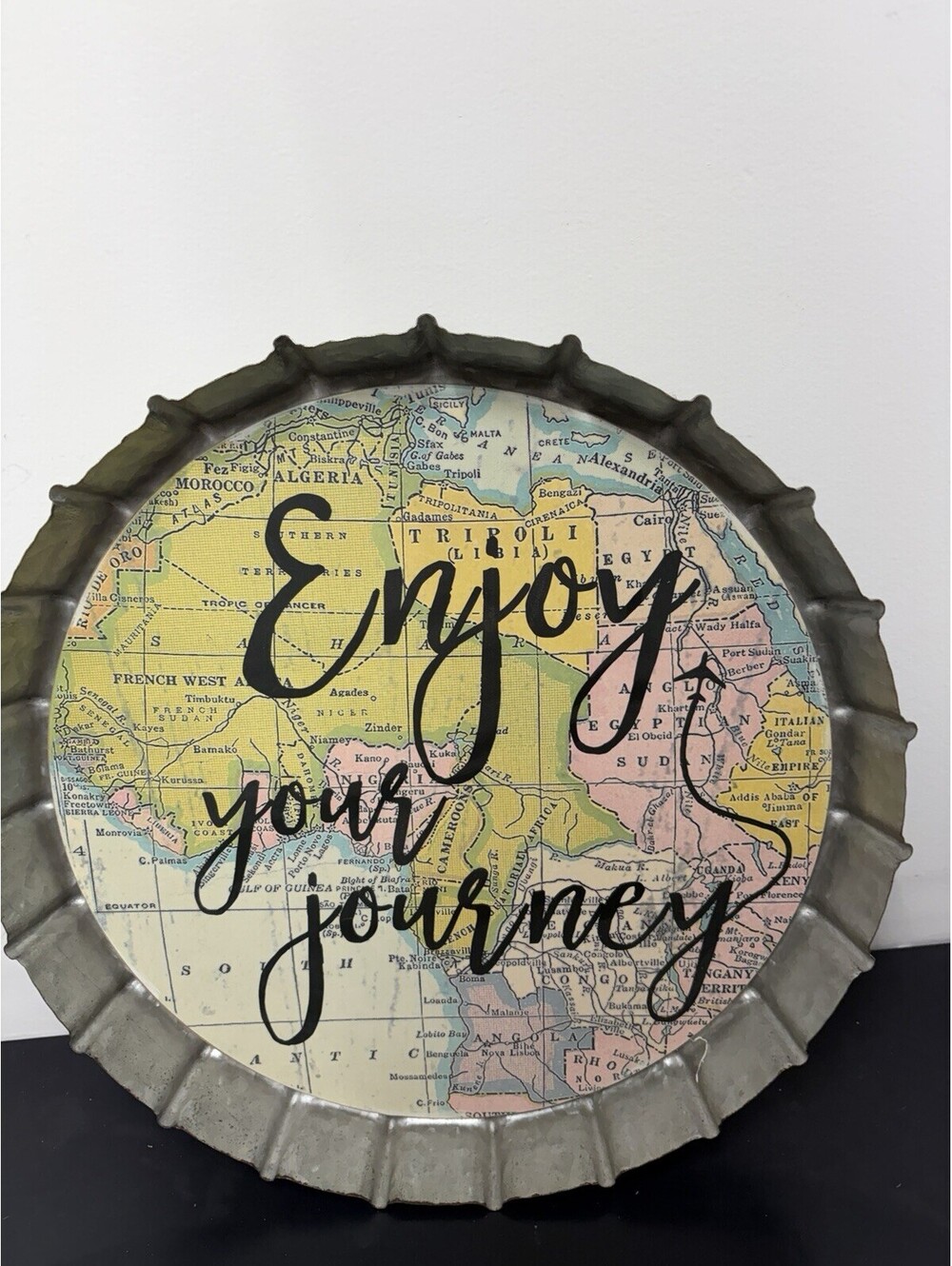 Rustic Metal Bottle Cap Wall Decor Featuring Map Of Africa - Enjoy Your Journey